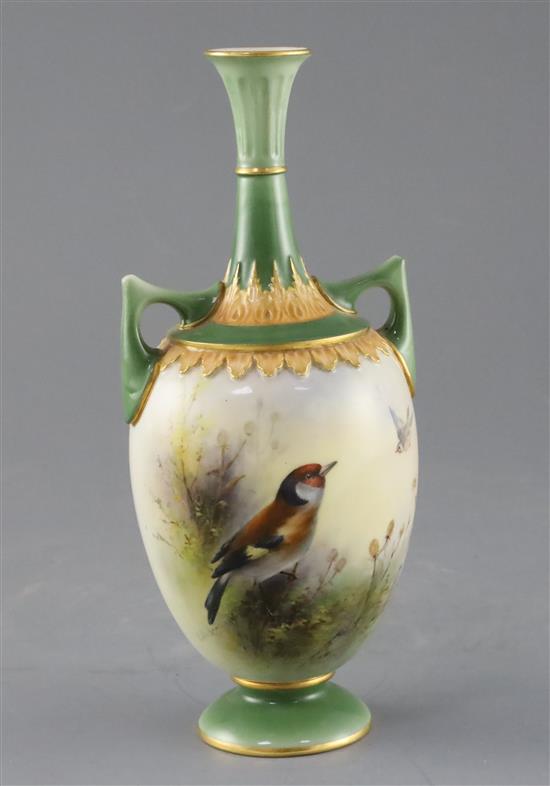 A good Royal Worcester small vase painted with a goldfinch by Ernest Barker, c.1911, H.20cm